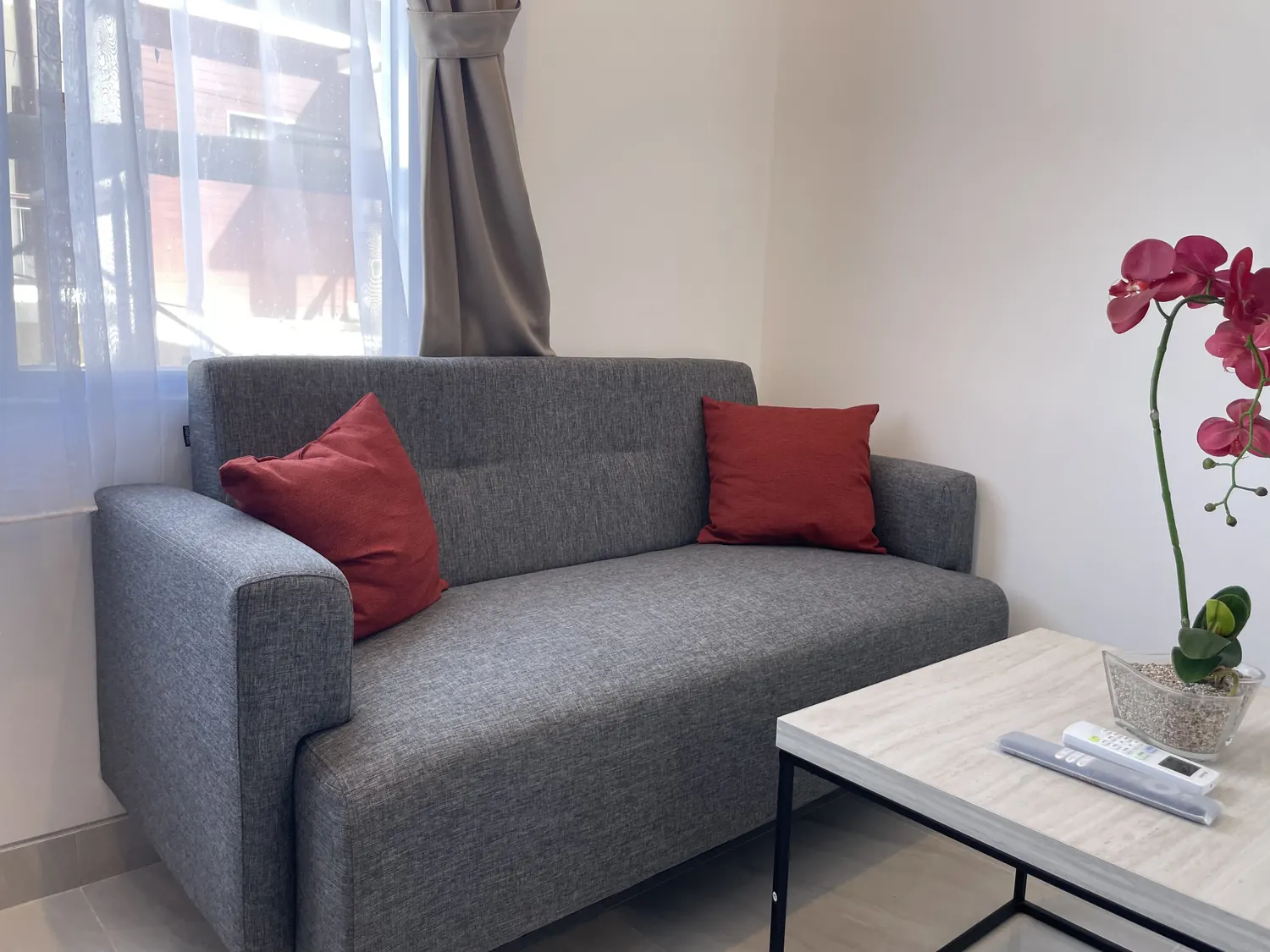 Living room with grey sofa, red cushions and orchid